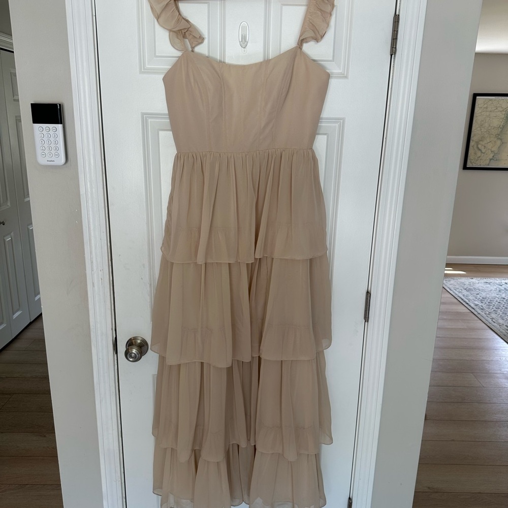 Revelry Champagne Chiffon “Poppy” Bridesmaid Dress.